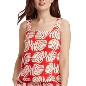 A New Day Red & Ivory Seashell Linen Blend Tank Top SZ L Coastal grandma Resort